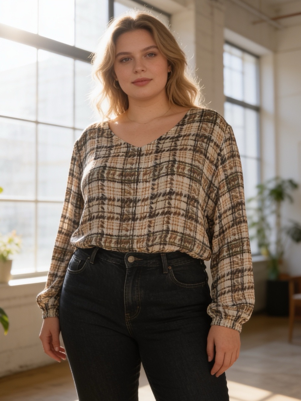 Zac & Rachel 2X Plaid V-Neck Long Sleeve Blouse Teal Brown Cream